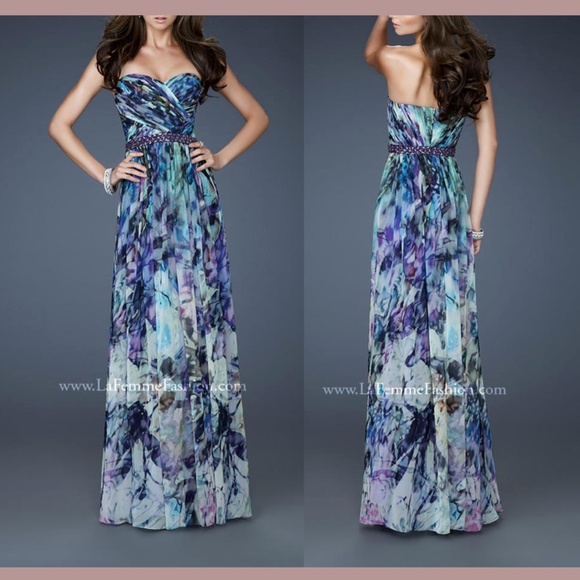 NEW La Femme [ 4 ] Sweetheart Strapless Embellished Waist Chiffon Gown‎ - Picture 1 of 13
